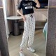 Straight High Waist Letter Printed Drawstring Closure Pants - White |image