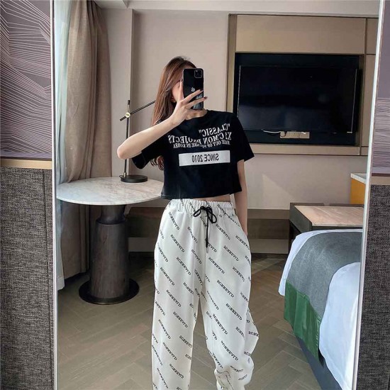 Straight High Waist Letter Printed Drawstring Closure Pants - White |image