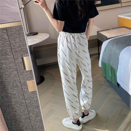Straight High Waist Letter Printed Drawstring Closure Pants - White |image