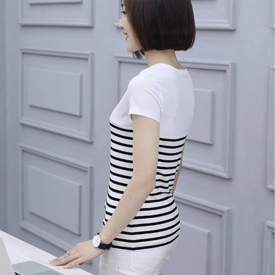 Striped Stitching V Neck Short Sleeve Women Tops -White |image