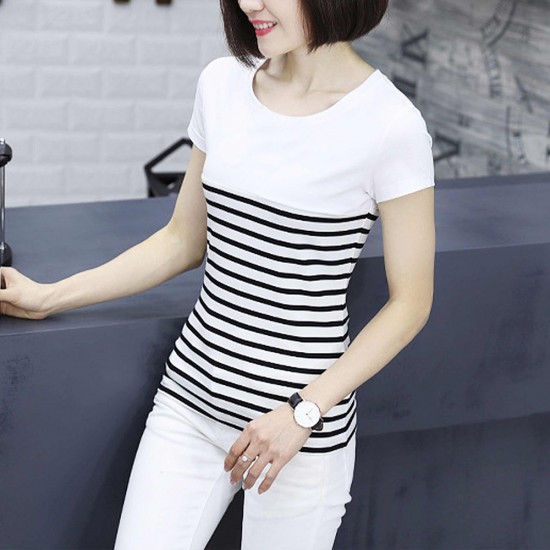 Striped Stitching V Neck Short Sleeve Women Tops -White |image