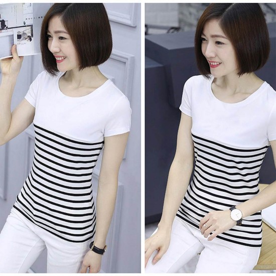 Striped Stitching V Neck Short Sleeve Women Tops -White |image