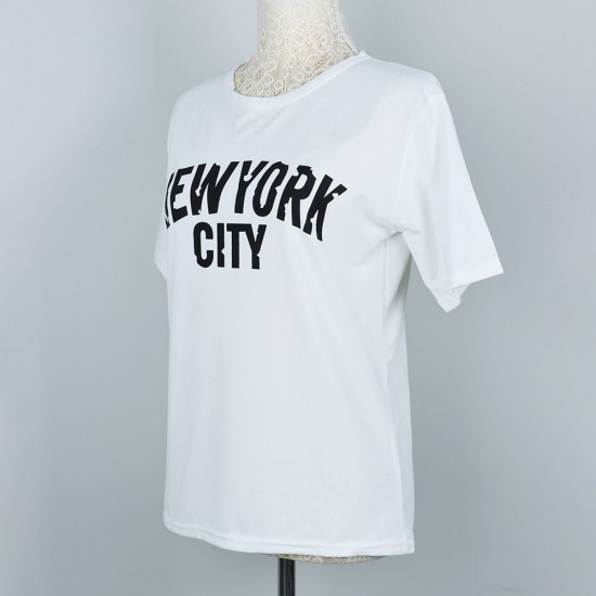 Korean Style Alphabet Printed Round Neck Short Sleeve Women Tops - White |image