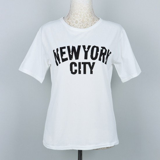 Korean Style Alphabet Printed Round Neck Short Sleeve Women Tops - White |image