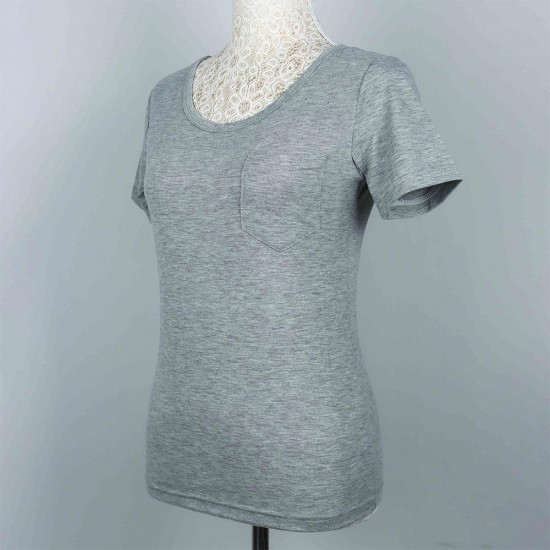 Retro Style Scoop Neck Full Sleeve Patch Pocket Women Tops - Grey |image