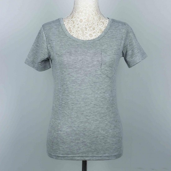 Retro Style Scoop Neck Full Sleeve Patch Pocket Women Tops - Grey |image