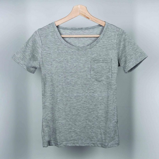 Retro Style Scoop Neck Full Sleeve Patch Pocket Women Tops - Grey |image