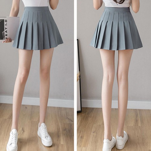 Pleated Style High Waist Elastic Zippered Women Skirts - Grey |image