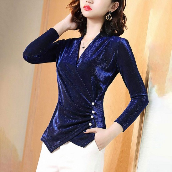 Elegant Shiny Velvet V Neck Solid Long Sleeve Women Tops - Blue |image