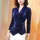 Elegant Shiny Velvet V Neck Solid Long Sleeve Women Tops - Blue |image