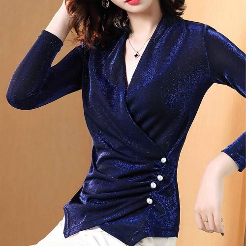 Elegant Shiny Velvet V Neck Solid Long Sleeve Women Tops - Blue |image