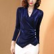 Elegant Shiny Velvet V Neck Solid Long Sleeve Women Tops - Blue |image