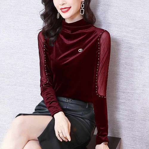 Open Bottom Turtleneck Mesh Bedded Embroidered Tops - Red |image