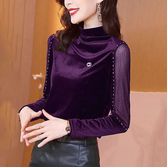 Open Bottom Turtleneck Mesh Bedded Embroidered Tops - Purple |image