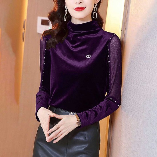 Open Bottom Turtleneck Mesh Bedded Embroidered Tops - Purple |image