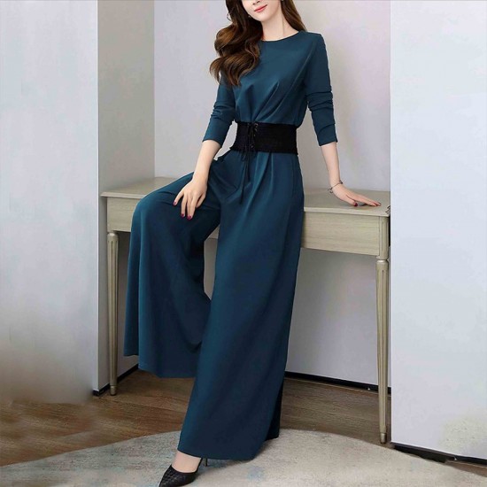 shoe image for Elegant Crop Top & Long Pants Slash Pockets Solid Women Dress - Blue Elegant Crop Top & Long Pants Slash Pockets Solid Women Dress - Blue |image