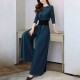 Elegant Crop Top & Long Pants Slash Pockets Solid Women Dress - Blue |image