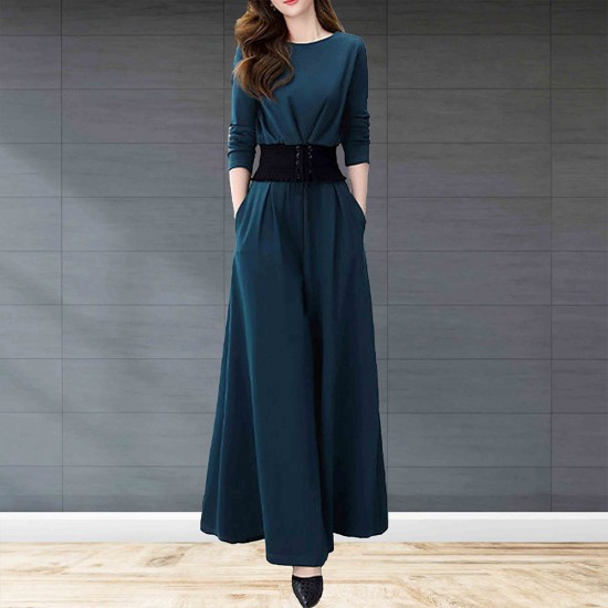 shoe image for Elegant Crop Top & Long Pants Slash Pockets Solid Women Dress - Blue Elegant Crop Top & Long Pants Slash Pockets Solid Women Dress - Blue |image