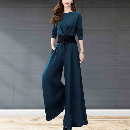 shoe image for Elegant Crop Top & Long Pants Slash Pockets Solid Women Dress - Blue Elegant Crop Top & Long Pants Slash Pockets Solid Women Dress - Blue |image