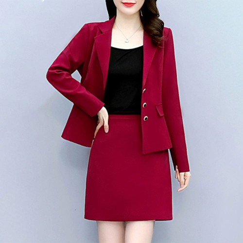 Elegant Solid Color Two Piece A Line Skirt And Formal Lapel Collar Coat - Red |image