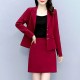 Elegant Solid Color Two Piece A Line Skirt And Formal Lapel Collar Coat - Red |image