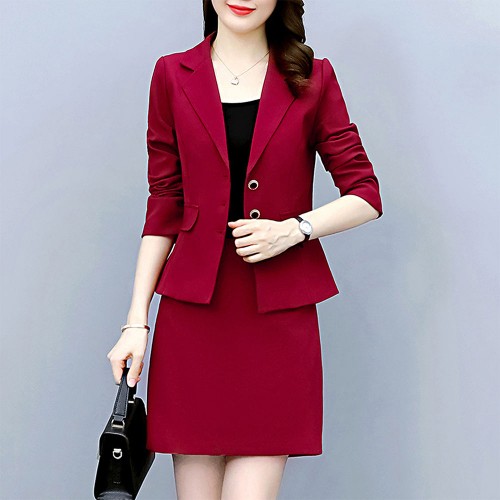 Elegant Solid Color Two Piece A Line Skirt And Formal Lapel Collar Coat - Red |image