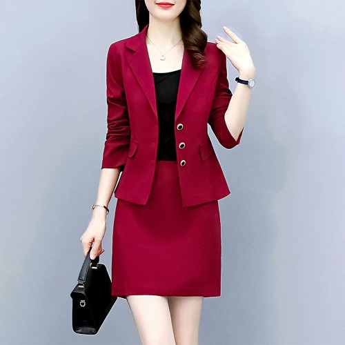 Elegant Solid Color Two Piece A Line Skirt And Formal Lapel Collar Coat - Red |image