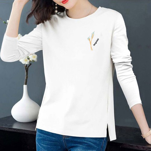 Korean Style Graphics & Letters Printed Solid Side Split Cotton Tops - White |image