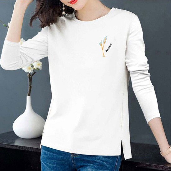 Korean Style Graphics & Letters Printed Solid Side Split Cotton Tops - White |image