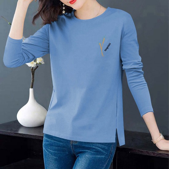 Korean Style Graphics & Letters Printed Solid Side Split Cotton Tops - Blue |image