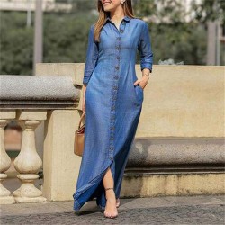 Retro Style Stripe Button Front Two Pockets Solid Color Maxi Dress - Light Blue 