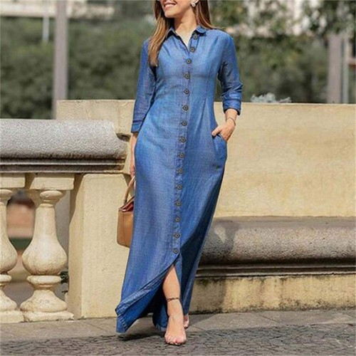 Retro Style Stripe Button Front Two Pockets Solid Color Maxi Dress - Light Blue |image