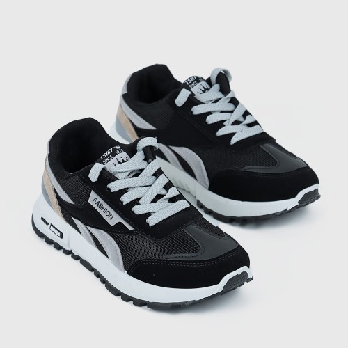 Mesh Striped Patchwork Comfortable Lace Up Sports Sneakers - Black |image