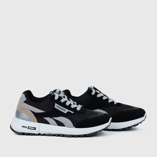 Mesh Striped Patchwork Comfortable Lace Up Sports Sneakers - Black |image