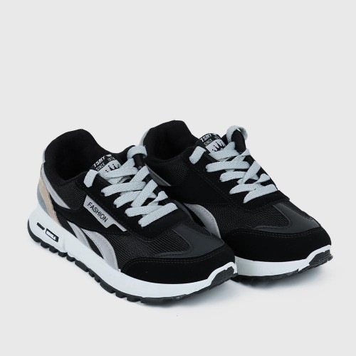 Mesh Striped Patchwork Comfortable Lace Up Sports Sneakers - Black |image