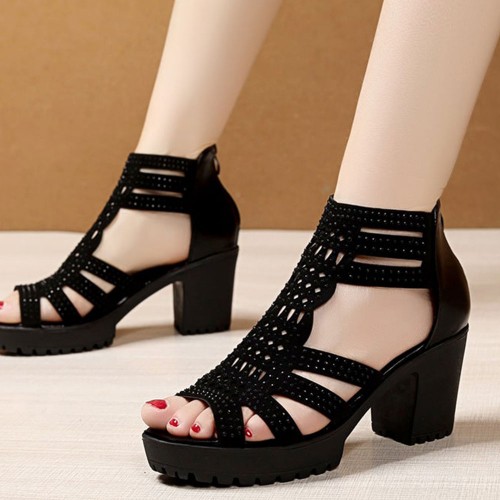 Waterproof Platform Back Zipper Fish Mouth High Women Heels - Black |image