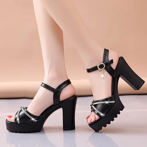 Fish Mouth Platform Buckle Strap Bohemian Women Heels - Black |image