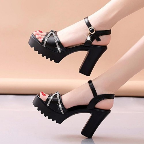 Fish Mouth Platform Buckle Strap Bohemian Women Heels - Black |image