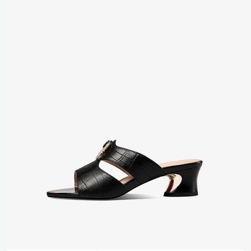 Korean Style Open Toe Hollow Thick Women Heels - Black |image