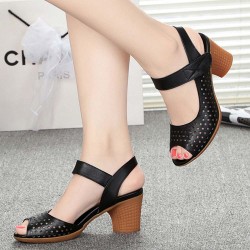 Velcro Hollow Out Fish Mouth Mid Heels Women Sandals Black