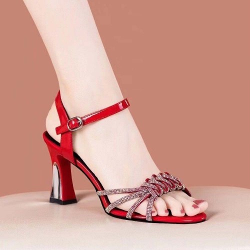 Braided Thin Strap Rhinestone Women High Heels Red |image