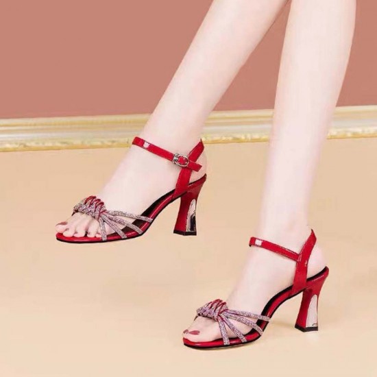 Braided Thin Strap Rhinestone Women High Heels Red |image