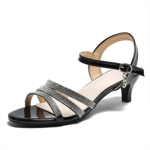 Retro Style Round Head Buckle Closure Sequin High Heel Sandals - Black |image
