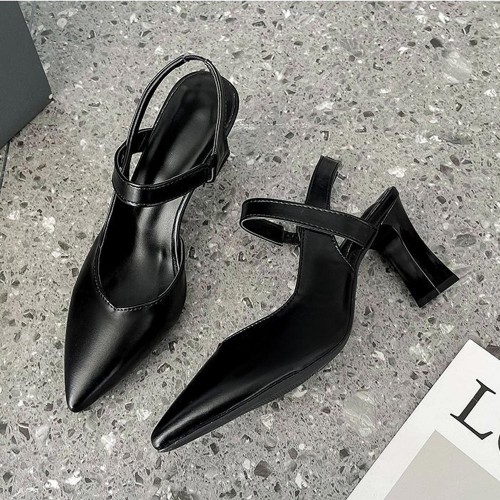 Elegant Pointed Toe Leather Strap Women High Heels Black |image