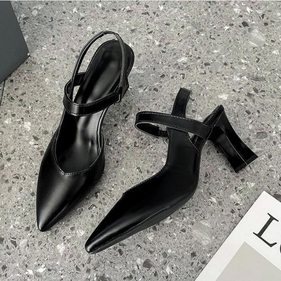 Elegant Pointed Toe Leather Strap Women High Heels Black |image