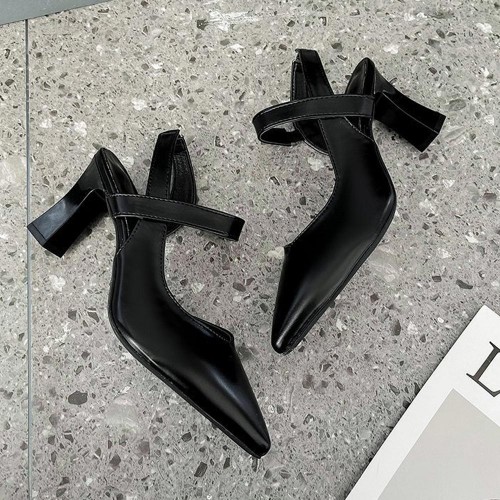 Elegant Pointed Toe Leather Strap Women High Heels Black |image