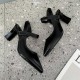 Elegant Pointed Toe Leather Strap Women High Heels Black |image