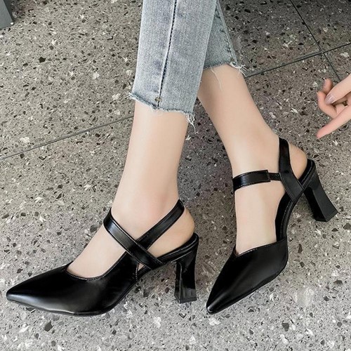 Elegant Pointed Toe Leather Strap Women High Heels Black |image