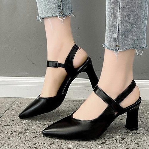 Elegant Pointed Toe Leather Strap Women High Heels Black |image