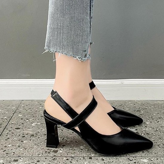 Elegant Pointed Toe Leather Strap Women High Heels Black |image